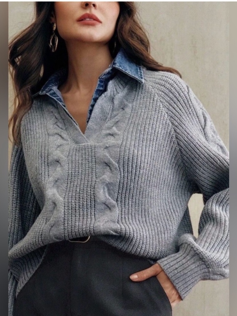 Commense Denim Panel Ribbed Lapel Sweater in Grey - Size L